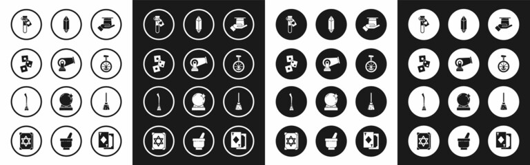 Set Magician hat in hand, Cannon, Game dice, Bottle with love potion, Unicycle or one wheel bicycle, stone, Witches broom and icon. Vector © Oksana