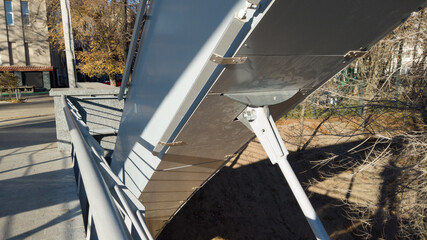 Steel beam of pedestrian bridge with steel cable. Girder bridge close up.
