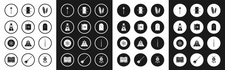 Set Magic stone, Ancient magic book, Magician, wand, Ghost, Trunk for tricks, and Spider web icon. Vector