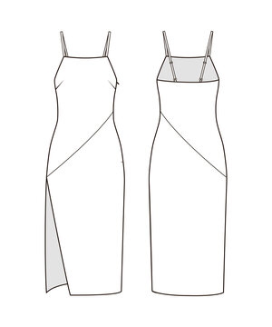 Fashion technical drawing of spaghetti strap high slit dress
