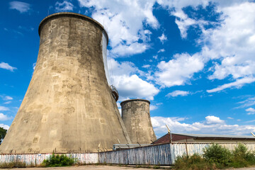 incredibly huge, industrial chimney made of concrete blocks. Concept of preserving the environment and taking care of nature