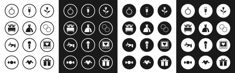 Set Flower rose, Woman dress, Bedroom, Diamond engagement ring, Wedding rings, Glass of champagne, Photo frames and hearts and hand icon. Vector