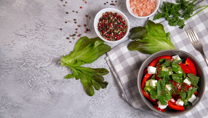 Salad of fresh vegetables with herbs and feta cheese. Healthy food rich in vitamins, fiber, antioxidants.
