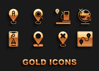 Set Location, Earth globe, Route location, with cross mark, City map navigation, and gas station, and Search icon. Vector