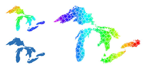Spectral gradiented star collage map of Great Lakes. Vector colored map of Great Lakes with spectral gradients. Mosaic map of Great Lakes collage is formed of randomized colored star items.