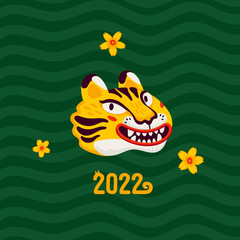Tiger new year card, happy 2022 new year card with tiger s face the symbol of Chinese new year. Organic flat style vector illustration.