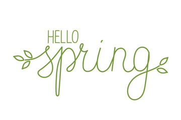 Hand drawn line art hello spring lettering text. Lettering spring season with leaf for greeting card, invitation template, poster and banner