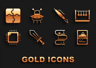 Set Sword for game, Pendulum, Card, Book, Processor with CPU, Fountain pen nib, Piece of puzzle and UFO flying spaceship icon. Vector