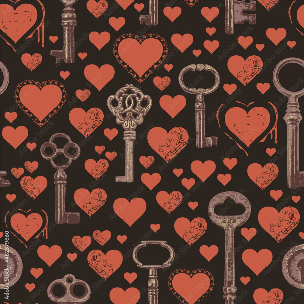Poster seamless pattern on the love theme with red hearts and many old bronze keys on a black backdrop. rep