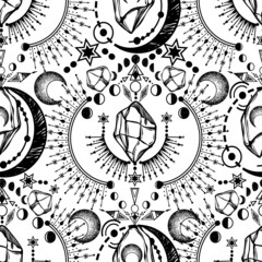 Vector illustration, magical astrology and crystals, Alchemy, spirituality and occultism, magic symbol, Handmade, print, light  background, seamless pattern