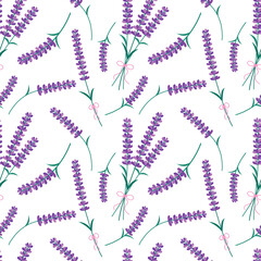 Lavender flowers seamless pattern. Vector endless white background with purple Lavender blossom. Spring design with floral elements