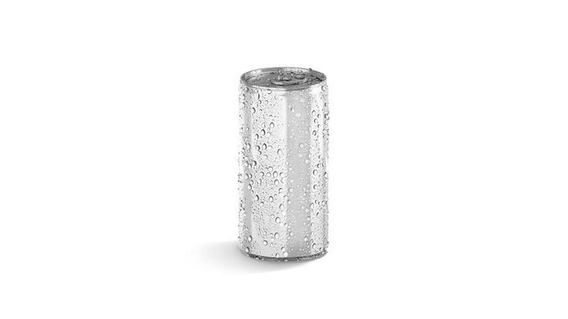 Blank white 280 ml soda can with drops mockup, looped rotation