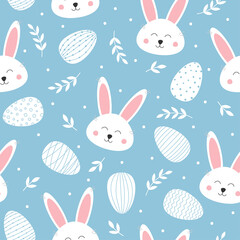 Seamless pattern with cute bunny and easter eggs. Lovely rabbit on blue background. Background for easter design