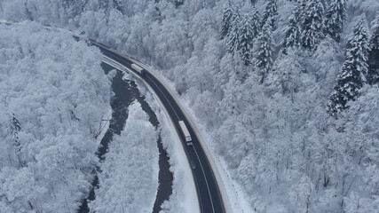 Aerial shot: Trucks driving by the road in winter forest.