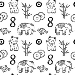 Good Luck Symbols Seamless Pattern. Asian talismans and charms contour vector background - obrazy, fototapety, plakaty