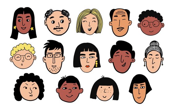 People Faces Doodle Set. Hand drawn avatars sketch. Different races, emotions, ages, male and female portraits