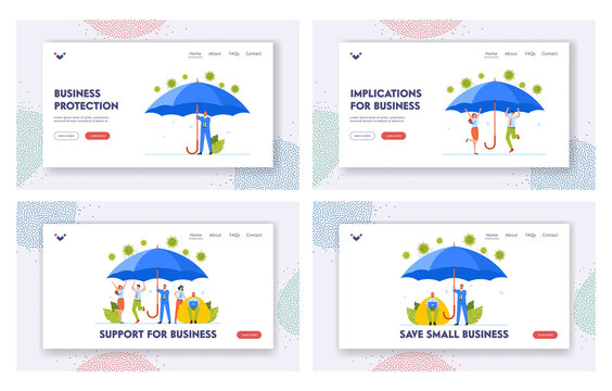 Business Support and Insurance Protection Landing Page Template Set. Characters Rejoice under Umbrella Hiding from Virus