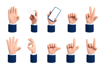 Set of cartoon 3d hands. Vector cartoon hand gestures isolated on white background.