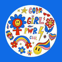 Girl power poster in round shape with fashion patch badges. Feminism. Female power and solidarity background. Retro 70s style funny, groovy cartoon backdrop. vector illustration
