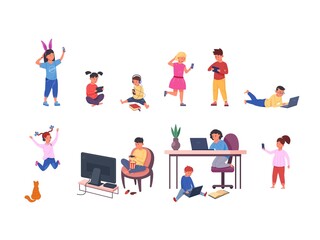 Kids using gadgets. Kid with mobile phone or computer, baby play tablet, cartoon child looking screen electronic technology device, boy holding smartphone set garish vector