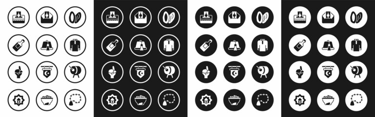 Set Date fruit, Turkish hat, Bottle of water, Donate or pay your zakat, Shirt kurta, Ramadan drum and Hands in praying position icon. Vector