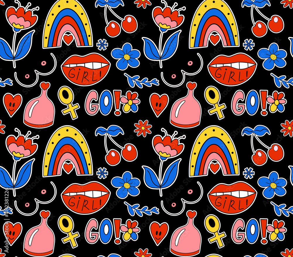 Wall mural girl power seamless pattern with fashion patch badges. feminism. female power and solidarity backgro