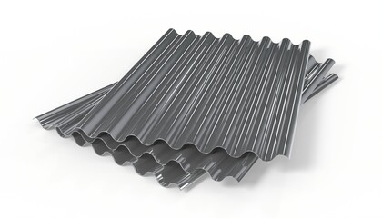 3d render illustration steel metal zinc galvanized wave sheets for roof isolated on white background. Realistic corrugated roof sheets. Metal siding, profiled sheeting for covering or fencing.
