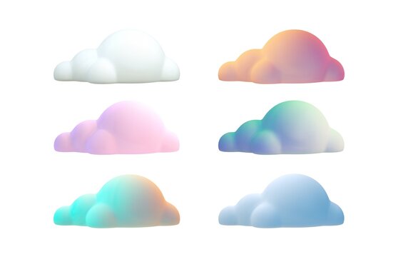 3d render multicolored clouds. Cartoon cloud shapes in different lighting for games, animation, web. Vector illustration