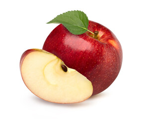 Red apple with leaves and slices isolated on white background.