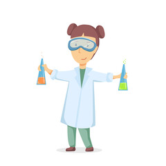 Happy girl is doing a chemical experiment. Vector cartoon illustration