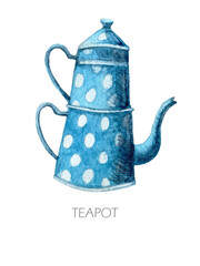 Watercolor images of watercolor porcelain and ceramic teapots of various shapes and colors