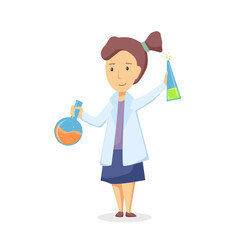 Happy girl is doing a chemical experiment. Vector cartoon illustration