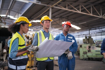 Portrait of Professional Heavy Industry Engineer / Worker Wearing Safety Uniform, Goggles and Hard Hat. In the Background Unfocused Large Industrial Factory