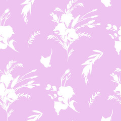 Fototapeta na wymiar Botanical summer pattern with white silhouettes of eustoma flowers on a pink background. Seamless pattern for girls and women summer dresses textile and surface design