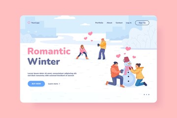 Winter love proposal. Romantic couple people with hearts in snow outdoors, calendar holiday valentine or christmas, landing page vector