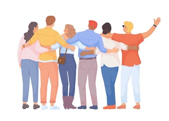 Hugging backs. Group people hugs friends back view, embrace diverse students team, friendship unity teen school together, family relationship teamwork flat swanky vector