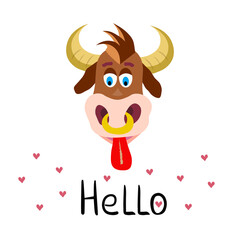 Bull head, cow in cartoon style. Hello - lettering. Vector Illustration for backgrounds, cover, packaging, greeting cards, posters, stickers, textile and seasonal design. Isolated on white background.