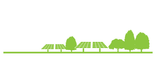 Obraz premium sustainable green energy concept banner, solar farm on green ground with trees, vector illustration