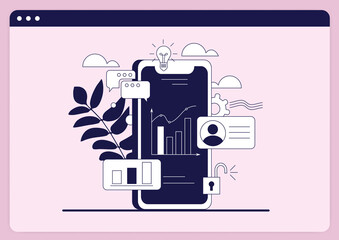 Mobile app development and web design. Layered user interfaces and screens on a touch screen smartphone. Vector illustration