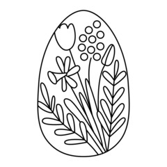 Cute egg decorated with mimosa and tulip spring flowers. Great for Easter greeting cards, coloring books. Doodle hand drawn illustration black outline.	
