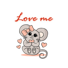Cute little mouse with pink polka-dot bow and hearts. Happy Valentines Day. Love and romance. Love me.