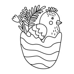 Cute little chicken in egg decorated with spring flowers. Great for Easter greeting cards, coloring books. Doodle hand drawn illustration black outline.	