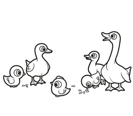 Big and small cartoon chicken, goose and goslings outlined for coloring book on white background