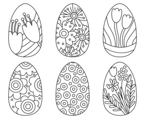 Set with cute eggs decorated with spring flowers and patterns. Great for Easter greeting cards, coloring books. Doodle hand drawn illustration black outline.