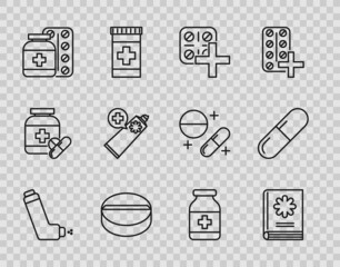 Set line Inhaler, Medical book, Pills in blister pack, Medicine pill or tablet, bottle and pills, Ointment cream tube medicine, and icon. Vector