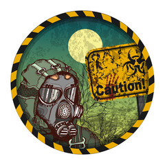 Man in a protective mask on the background of the territory infected with the virus. In the background are tree silhouettes, a biohazard sign, and a large moon. Icon, emblem, sign. Vector illustration