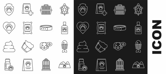 Set line Pet food bowl for cat or dog, Fish skeleton, Dog medicine bottle, carry case, Bag of, Heart with animals footprint, Animal health insurance and Collar name tag icon. Vector