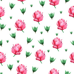 Pink magnolia among green leaves watercolor seamless pattern. Template for decorating designs and illustrations.	
