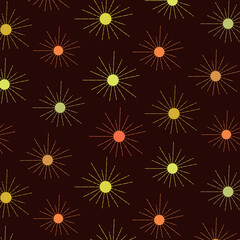 Fototapeta na wymiar Boho sun seamless in yellow , orange, coral and brown on dark background. Great for Nursery wallpaper, fabric, home décor and baby shower 
