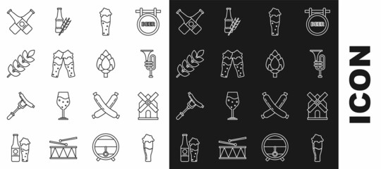 Set line Glass of beer, Windmill, Musical instrument trumpet, Cereals set with rice, wheat, corn, oats, rye, barley, Crossed bottle and Hop icon. Vector